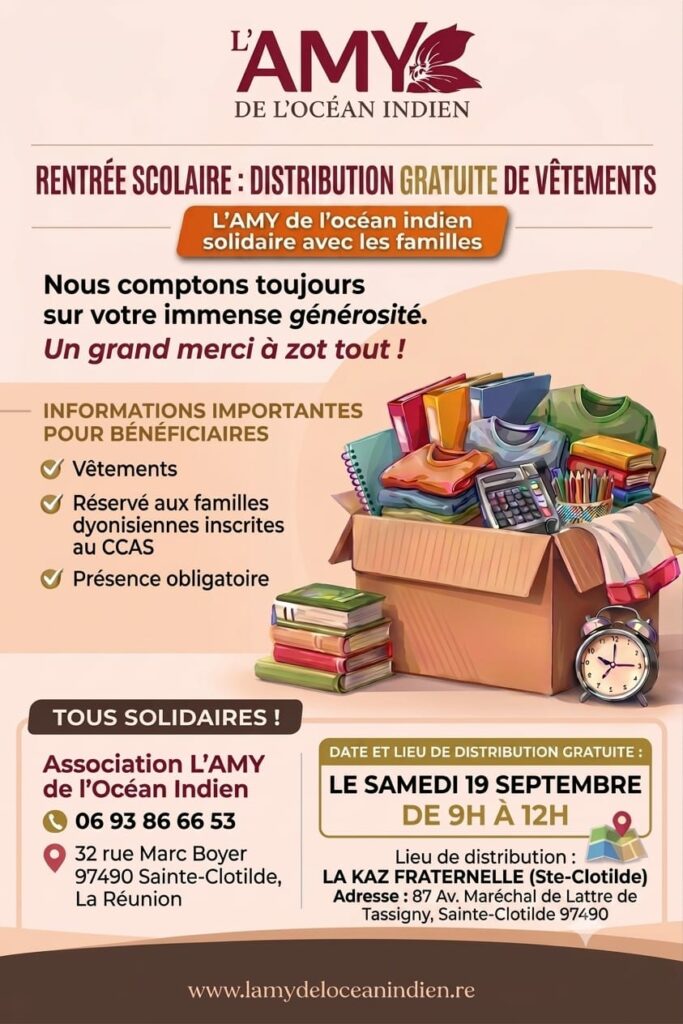 Rentrée scolaire : L’AMY de l’Océan Indien organise une distribution gratuite de vêtements